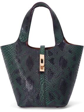 Women's Green Black Vegan Leather Satchel Tote Handle Lock Design Bucket Purse